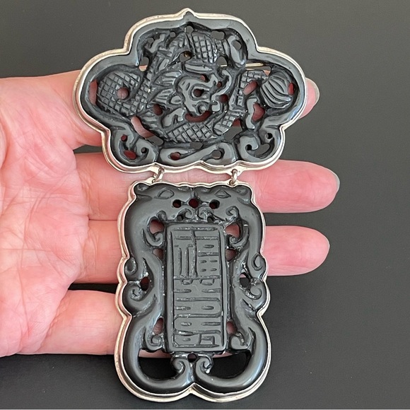 925 sterling silver carved Chinese black Jade pendant or brooch.